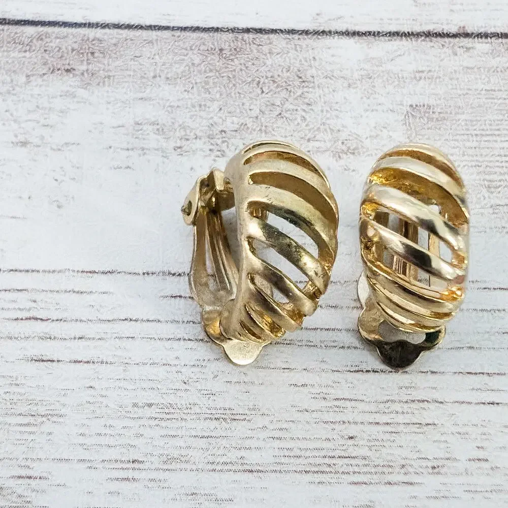 Vintage Clip On Earrings Gold Tone Cut Out Half Hoops - Condition Issues